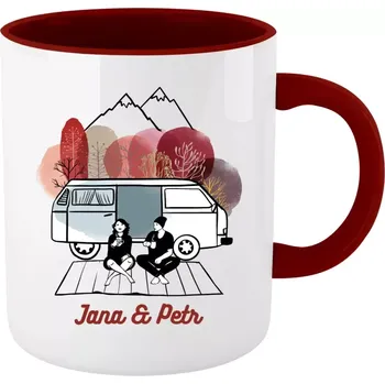 Hrnek pro karavanisty - Podzimní kempování - vlastní jména - vínový vnitřek a ucho 330 ml