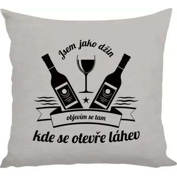 Polštář Polštář lněný 40x40 cm Jsem jako džin, objevím se tam, kde se otevře lahev