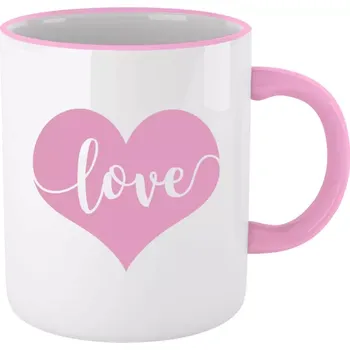 Hrnek pro páry - Love in heart - růžový lem a ucho 330 ml