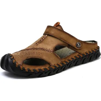 Dámské sandále Pánské kožené pantofle prošívané sandály trekové Barva: Khaki, Velikost: 47