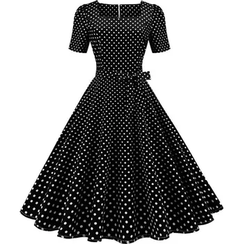 Dámské šaty JwC Fashion Retro šaty s puntíky a krátkými rukávy Černá S