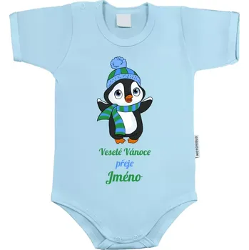 Dětské body s krátkým rukávem Veselé Vánoce přeje - tučňák modrý