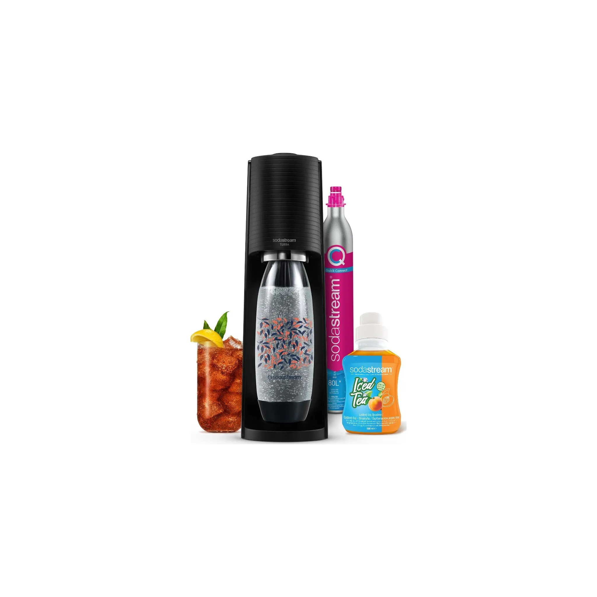 Fotografie 2 - Výrobník sody SodaStream Terra černý + 1 lahev + sirup Ice Tea Peach