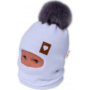 Módní doplněk Zimní čepice/kukla s bambulí Love, sv. modrá, Velikost koj. oblečení 80-92 (12-24m)