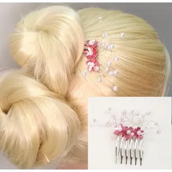 Ozdoba do vlasů Hřebínek Altea svatební tmavě růžové kvítky s perličkami BH29E