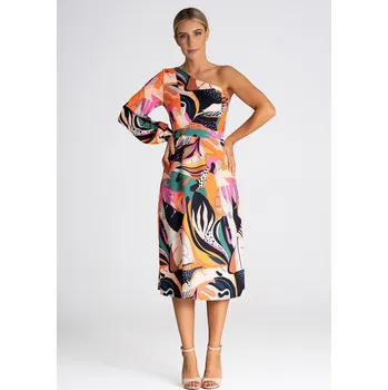 Dámské šaty Barevné vzorované midi šaty s jedním rukávem M961 Pattern 125 Velikost: S