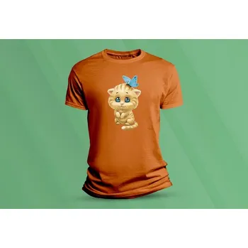 Dětská móda Dětské bavlněné tričko Kočička. velikost 128 (7-8 let) Oranžová