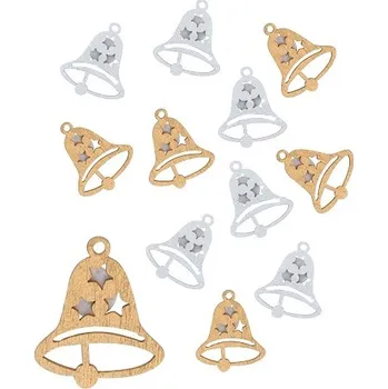 Vánoce Zvonek dřevěný s lepíkem 3 cm,zlatý a stříbrný,12 ks 3063