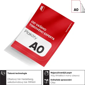 Plakáty A0 (841 x 1189 mm) 300 Barevné jednostranné - 4/0 (CMYK) 135 g/m² křídový papír (ofsetový tisk od 100 ks)