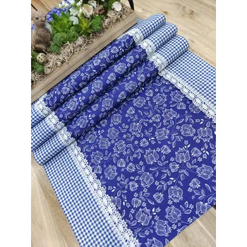 ubrus Běhoun - modrotisk tulipánky na modré v kombinacii s kárkem