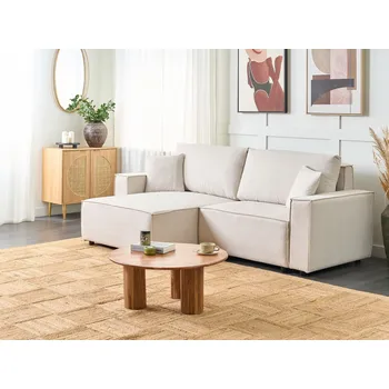 Pohovka Pravá rohová rozkládací pohovka Béžová čalouněná Polyester 3místná ve tvaru L s polštáři Funkce spaní Moderní styl Obývací pokoj Beliani