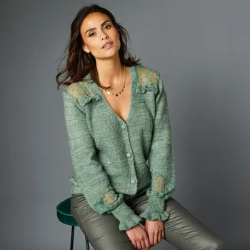 Dámský svetr Svetr na knoflíky, s vyšívaným tylem zelenkavá 46/48