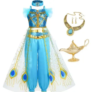 Disney Dětský modrý kostým - Princezna Jasmína z oblíbené pohádky "Aladin" (2-10 let) Barva: 2Pcs Sets 02, Velikost: 140 (7-8 let)