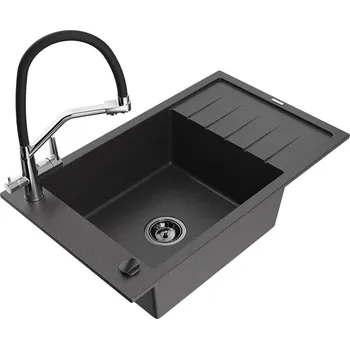 Granitový dřez MEXEN/S - Elias granitový dřez s odkapávačem včetně baterie Duo, černá kropenatá 6511-76-671701-07-B