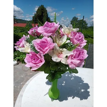 umělá květina Kytice růží a lilií, starofialová