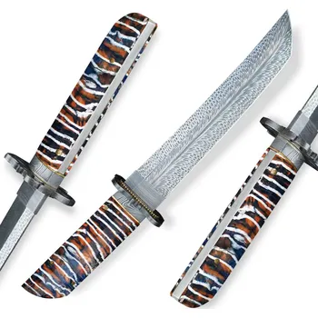Sběratelský nůž Tanto Dellinger FEZÁ Braun nr. 8, mamutí fosilie, Feather Damascus