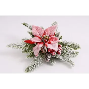 Vánoční dekorace Zasněžená vánoční hvězda s přízdobou na skřipci 30 cm, červená