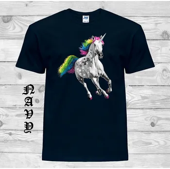 Dívčí tričko detske-levne-bavlnene-tricko-potisk-barevny-jednorozec Barva: Navy - tmavě modrá, velikost: 152