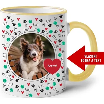 Hrnek s vlastní fotkou pejska a jménem, Barva Žlutá, Velikost 330 ml, Canvas Keramický hrnek s barevným uchem Bezvatriko.cz 2331