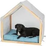 LIAS látková bouda do interiéru 88 x89 x 61 cm, dřevěný rám, písková/modrá,rychlé dodání