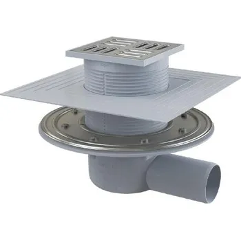 Kanalizační potrubí Alcadrain Odtokové kanálky - Podlahová vpust boční 105x105 mm, průměr 50 mm, 2. úrovně izolace, zápachová uzávěra SMART, nerez/plast APV1324