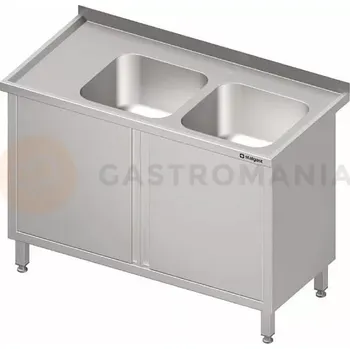 Kuchyňská linka Stůl nerezový s dřezem dvoukomorovým na pravé straně a se skříňkou s křídlovými dvířky 1400x600x850 mm | STALGAST, 980876140