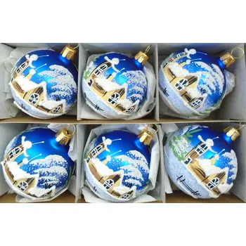 Vánoční ozdoba Vánoční ozdoby - sada koule 8cm, 6ks modrý mat, dekor zimní vesnice