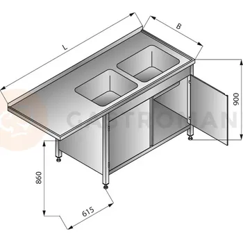Nerezový dřez Stůl s dvoukomorovým dřezem na pravé straně, se skříňkou s křídlovými dveřmi, 1800x700x900 mm | LOZAMET, LO347/P