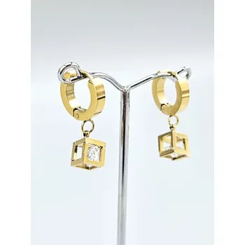 Náušnice Ocelové náušnice - Kruhy s kamínkem v krychli ve zlaté barvě