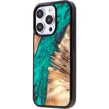 Pouzdro na mobilní telefon Kryt BEWOOD pro Apple iPhone 15 Pro - dřevo / pryskyřice - tyrkysově zelený / hnědý