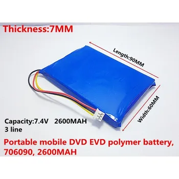 Akumulátor Tři linky se zástrčkou baterie 7.4 V Stabilní mobilní DVD EVD 706090 2600 mah