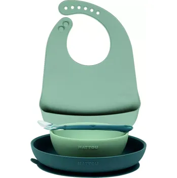 dětská jídelní sada NATTOU Set jídelní silikonový s bryndáčkem 4 ks zelený bez BPA (876803)