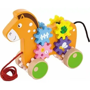 Dřevěná hračka VIGA Dřevěná tahací hračka s ozubenými koly - kůň, 18m+ (509767)