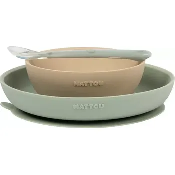 dětská jídelní sada NATTOU Set jídelní silikonový 3 ks pískovo-zelený bez BPA (876780)