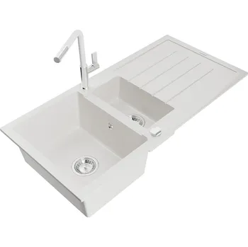Granitový dřez MEXEN/S - Andres granitový dřez s odkapávačem včetně baterie Flora, bílá 6515-20-670401-02