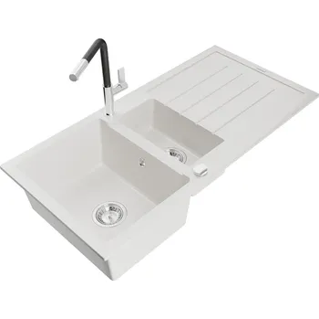 Granitový dřez MEXEN/S - Andres granitový dřez s odkapávačem včetně baterie Flora, bílá 6515-20-670401-07