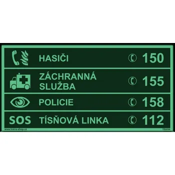 Značení Tísňová telefonní čísla Plast 200 x 100 mm tl. 1.1 mm - fotoluminiscenční - Kód: 00087