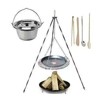 Grilovací rošt Set 3 v 1, trojnožka granit 1,5 m, rošt 60 cm a Paella pánev 50 cm, nerezový kotlík s poklicí 14 L a ohniště (grilovací rošt 60 cm s ocelovou Paella pánví 50 cm na trojnožce 1,5 m granit, nerezový kotlík s poklicí 14 L s ohništěm a příslušenstvím)