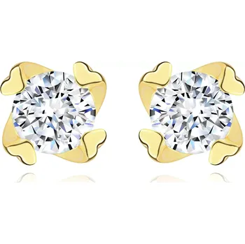 Náušnice Puzetové náušnice ze žlutého zlata 585 - kulaté zirkony, kličky ve tvaru srdce