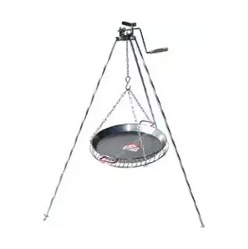 kotlíky Trojnožka stříbrná s kladkou 1,25 m, grilovací rošt 50 cm a Paella pánev 42 cm leštěná ocel (grilovací rošt 50 cm s Paella pánví na trojnožce 1,25 m s kladkou - vařte, smažte nebo grilujte)