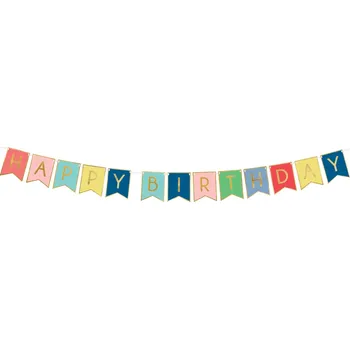 Banner Happy Birthday mix barev se zlatým lemem 15x175 cm