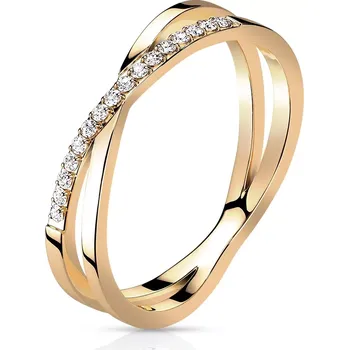 Prsten Prsten z oceli 316L - zkřížené paže, linie zirkonů, růžovozlatá barva - Velikost: 49