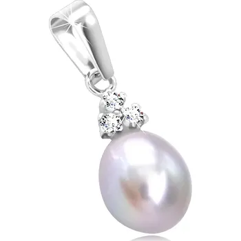 Přívěsek Přívěsek ze 14K bílého zlata - oválná šedá perla, čiré zirkony v kotlíku