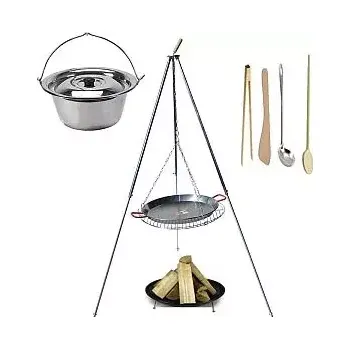 kotlíky Set 3 v 1, trojnožka teleskopická stříbrná 1,8 m, grilovací rošt 60 cm, Paella pánev 50 cm a kotlík s poklicí 22 L nerez a ohniště (grilovací rošt 50 cm s ocelovou Paella pánví 50 cm na stříbrné teleskopické trojnožce 1,8 m a nerezový kotlík 22 L s poklic
