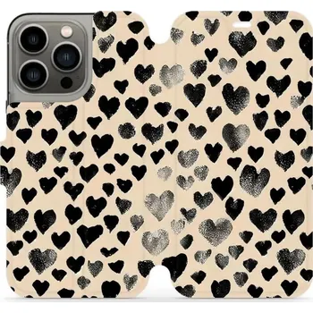 Pouzdro na mobilní telefon Flipové pouzdro Mobiwear - Apple iPhone 13 Pro - VA51S Černá srdíčka (Knížkové flip pouzdro, obal, kryt na mobil Apple iPhone 13 Pro - VA51S Černá srdíčka, materiál Umělá kůže + TPU - ochrana 360°, stojánek, silikonová vanička, magnetické zavírání)