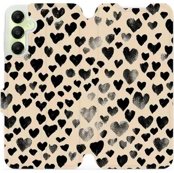 Pouzdro na mobilní telefon Flipové pouzdro Mobiwear - Samsung Galaxy A05s - VA51S Černá srdíčka (Knížkové flip pouzdro, obal, kryt na mobil Samsung Galaxy A05s - VA51S Černá srdíčka, materiál Umělá kůže + TPU - ochrana 360°, stojánek, silikonová vanička, magnetické zavírání)