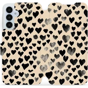 Pouzdro na mobilní telefon Flipové pouzdro Mobiwear - Samsung Galaxy A25 5G - VA51S Černá srdíčka (Knížkové flip pouzdro, obal, kryt na mobil Samsung Galaxy A25 5G - VA51S Černá srdíčka, materiál Umělá kůže + TPU - ochrana 360°, stojánek, silikonová vanička, magnetické zavírání)