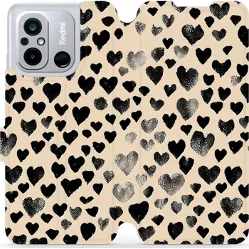 Pouzdro na mobilní telefon Flipové pouzdro Mobiwear - Xiaomi Redmi 12C - VA51S Černá srdíčka (Knížkové flip pouzdro, obal, kryt na mobil Xiaomi Redmi 12C - VA51S Černá srdíčka, materiál Umělá kůže + TPU - ochrana 360°, stojánek, silikonová vanička, magnetické zavírání)