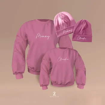 Čepice Mikina s balonovými rukávy MOMMY A DÍTĚ + čepička, mašle Barva: Růžová, Velikost dítě: 5-6 let + čepice 45 - 55 cm, Velikost máma: XS-S + čepice s lemem