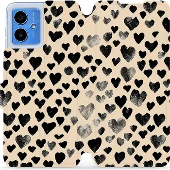 Pouzdro na mobilní telefon Flipové pouzdro Mobiwear - Motorola Moto G14 - VA51S Černá srdíčka (Knížkové flip pouzdro, obal, kryt na mobil Motorola Moto G14 - VA51S Černá srdíčka, materiál Umělá kůže + TPU - ochrana 360°, stojánek, silikonová vanička, magnetické zavírání)